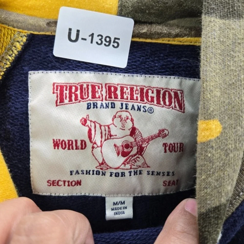True Religion Men Sweatshirt Medium Blue Camo Terry‎ Hoodie Logo Pockets